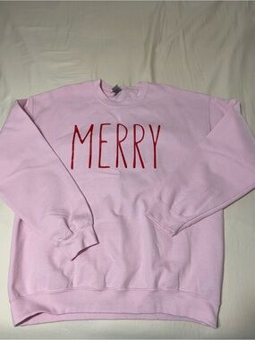 Women’s Gildan Pink Crewneck Sweatshirt with Red MERRY Graphic